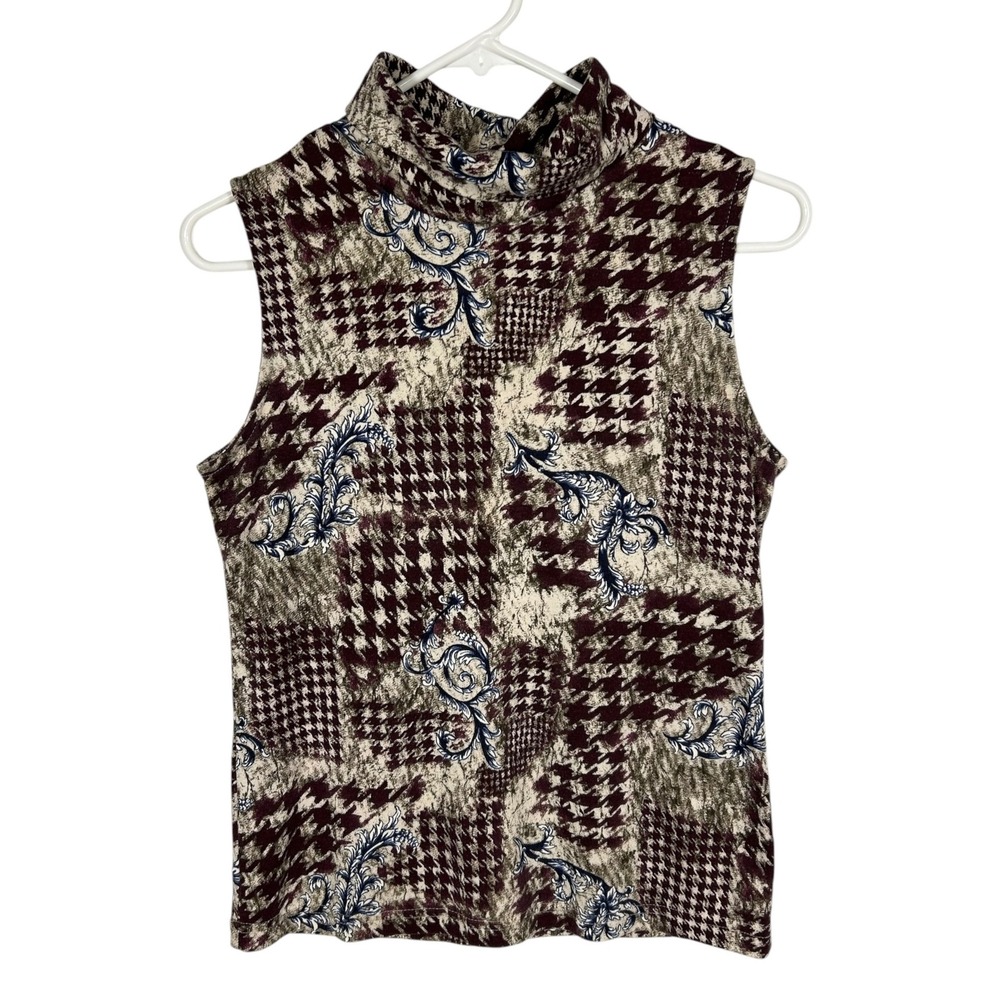 Weekenders Vintage 90s Mock Neck Sleeveless Top Houndstooth Scroll Print Small